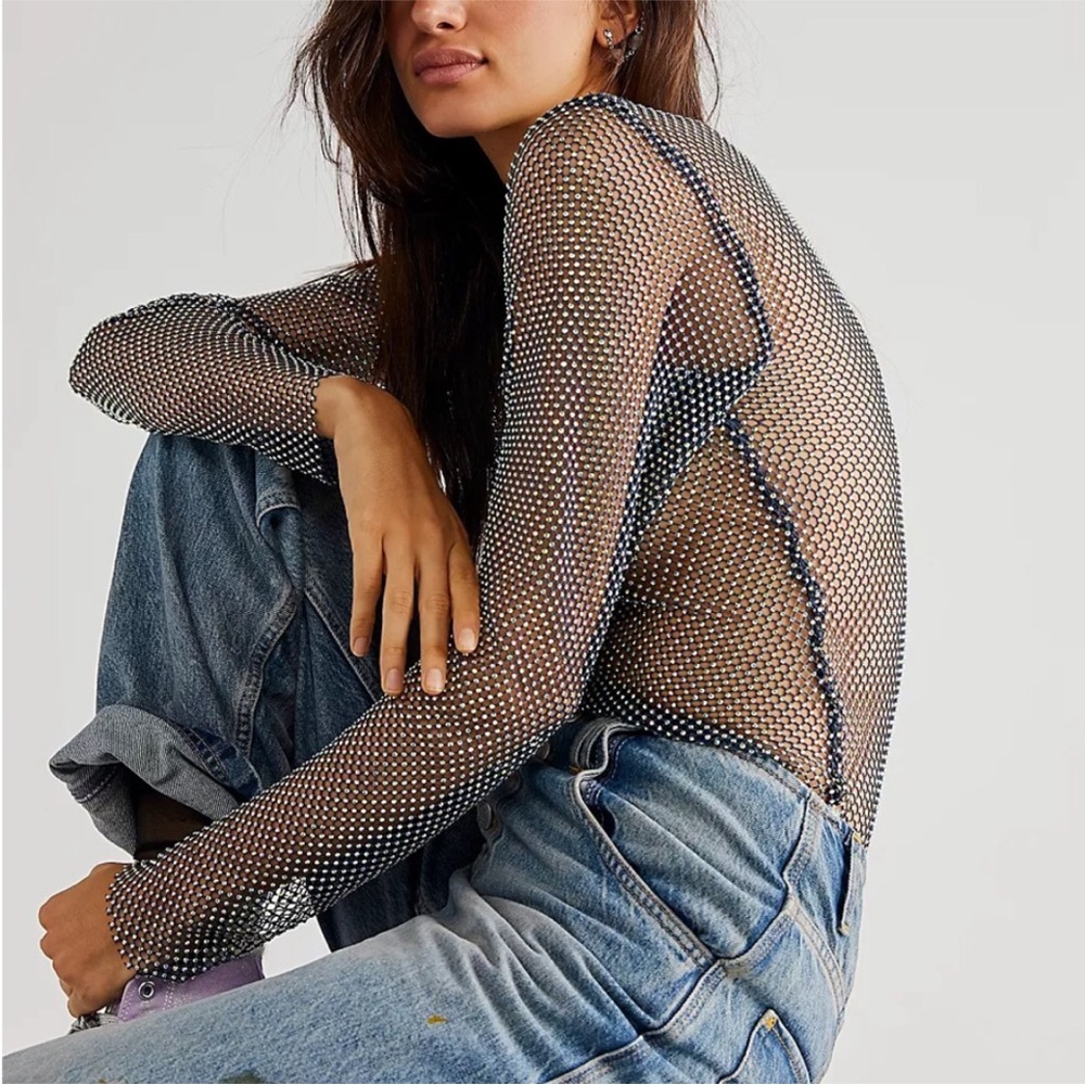 Free People Filter Finish Long Sleeve Top Large Jewelled Net Mesh
